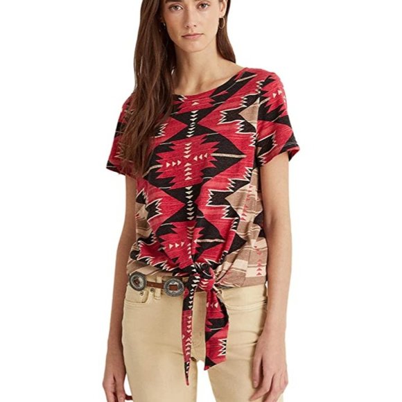 Lauren Ralph Lauren Southwestern Self-Tie Top - Tan Multi NWT - Size XL - Picture 1 of 3
